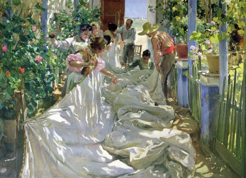 Joaquín Sorolla - Cousant la voile (huile sur toile) - 1896 Venise, Fondazione Musei Civici di Venezia, Museo Correr, Galleria Internazionale d'Arte Moderna di Ca'Pesaro