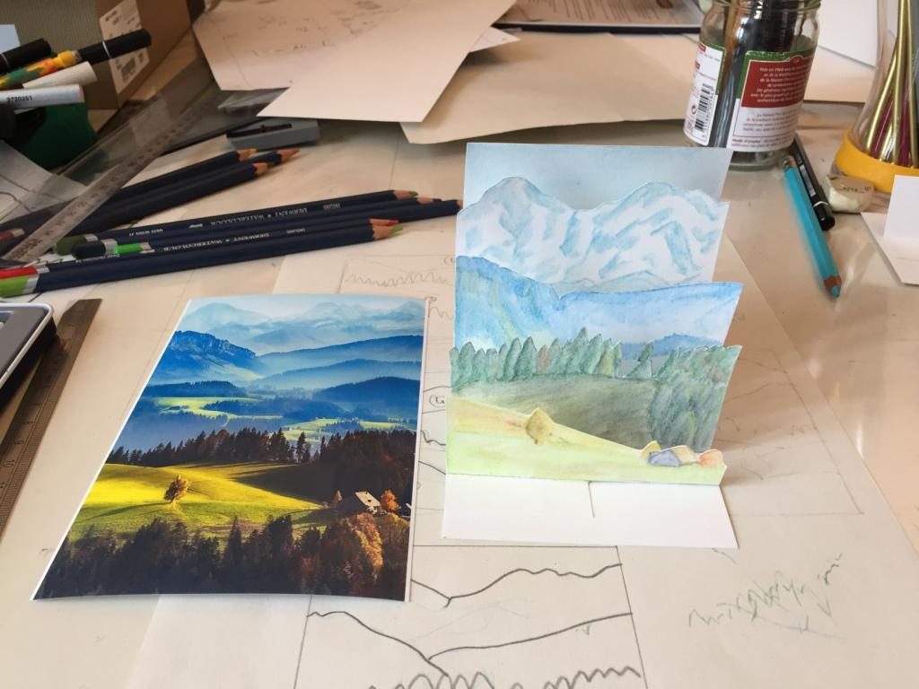 Diorama montagne au crayon de couleur aquarellable